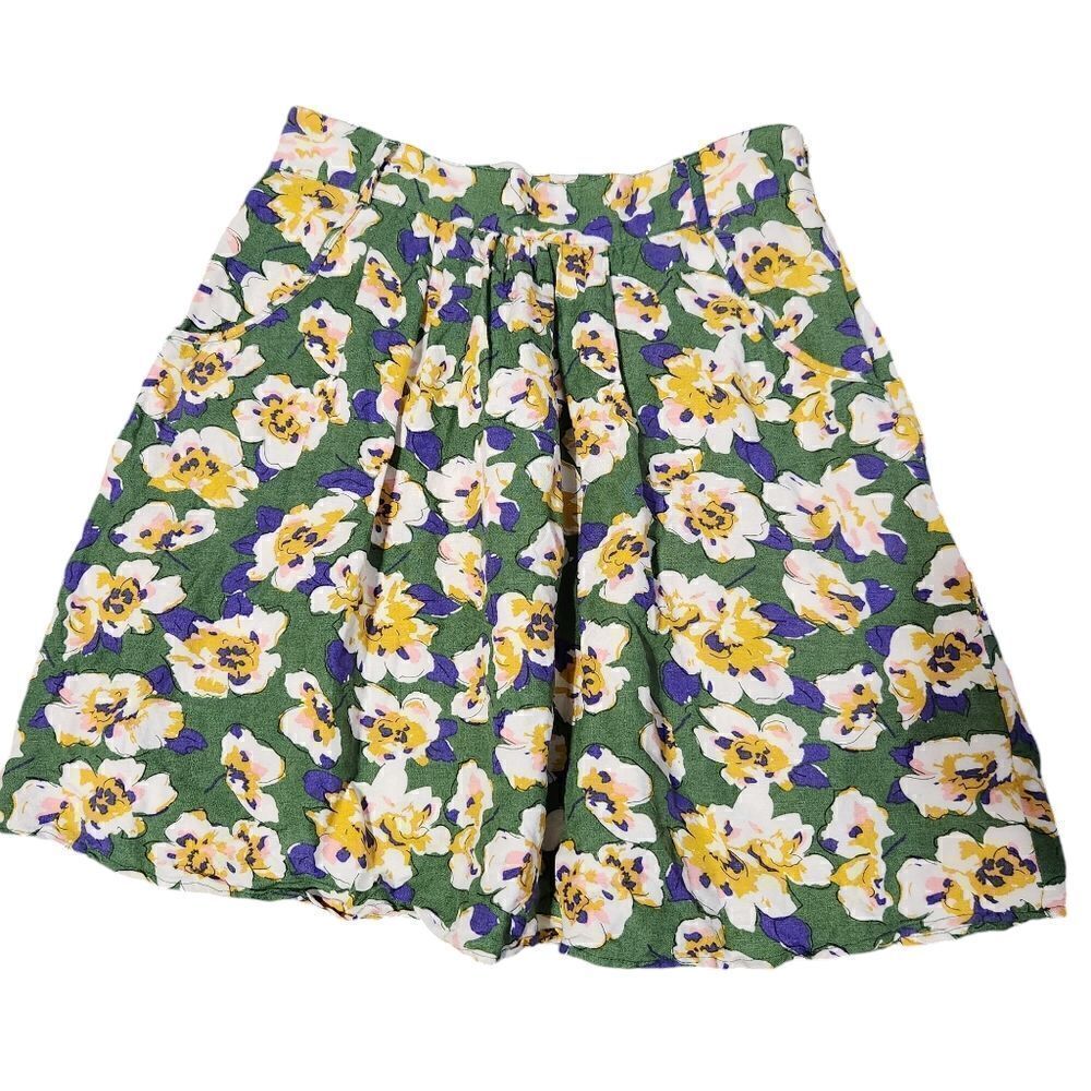 Modbe Skirt Medium Floral Mini Skater Green White Purple Short Linen Blend - Picture 3 of 11